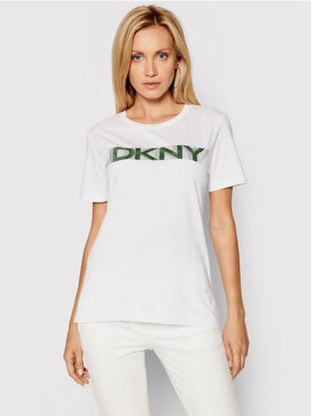 DKNY T-Shirt Size XL White Short Sleeve Green Logo Graphic Crew Neck Regular Fit